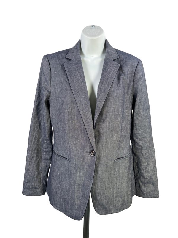Ann Taylor Women's Blue Linen Blend Long Sleeve One-Button Blazer Jacket - 8