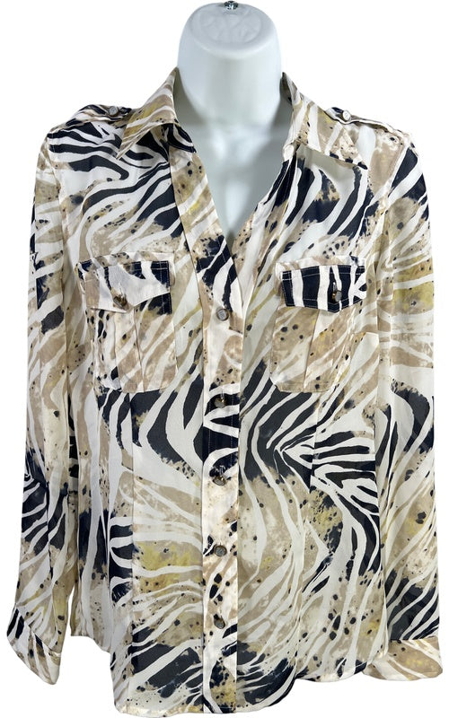 Michael Kors Women’s Beige/Blue Long Sleeve Semi Sheer Button Up Blouse - 2 image 2