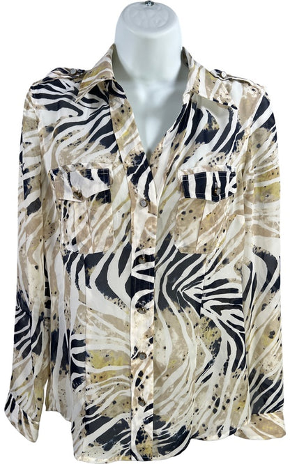 Michael Kors Women’s Beige/Blue Long Sleeve Semi Sheer Button Up Blouse - 2 image 2