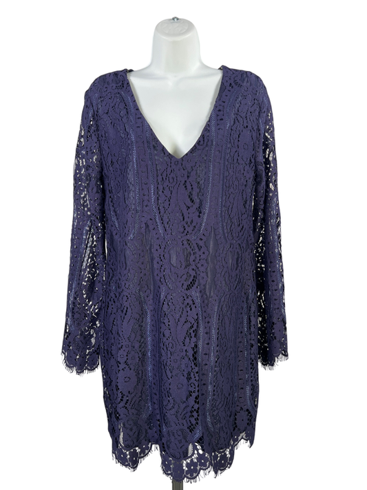 Francesca's Women's Navy Blue Open Back Lace Lined Long Sleeve Shift Dress - L