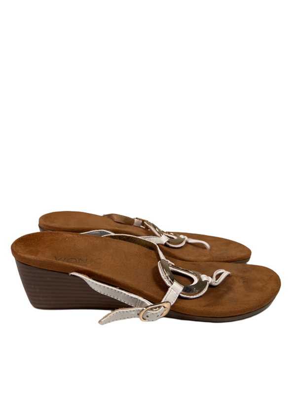 Vionic Women's White/Brown Park Orchid Toe-Post Adjustable Wedge Sandals - 8.5