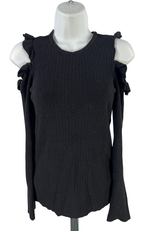 White House Black Market Women’s Black Ruffle Cold Shoulder Sweater - S image 2