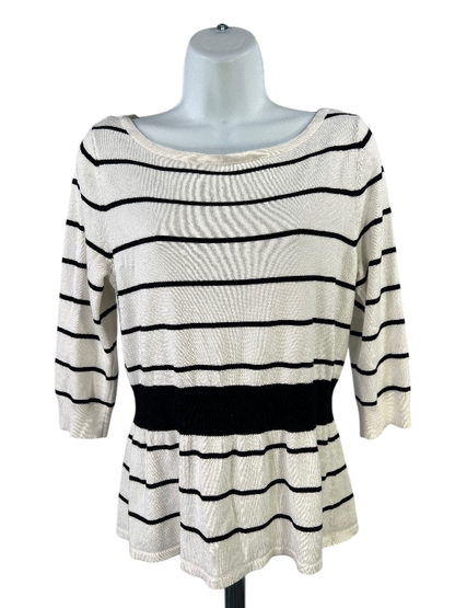 White House Black Market Women's White Striped 3/4 Sleeve Sweater - M