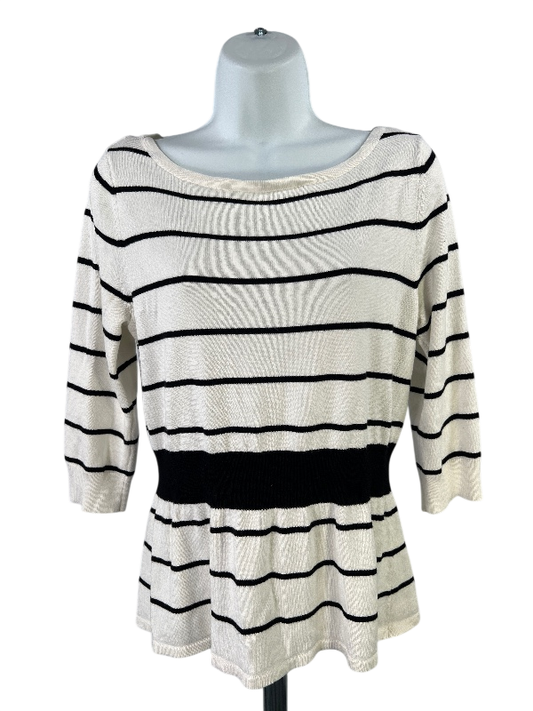 White House Black Market Women's White Striped 3/4 Sleeve Sweater - M