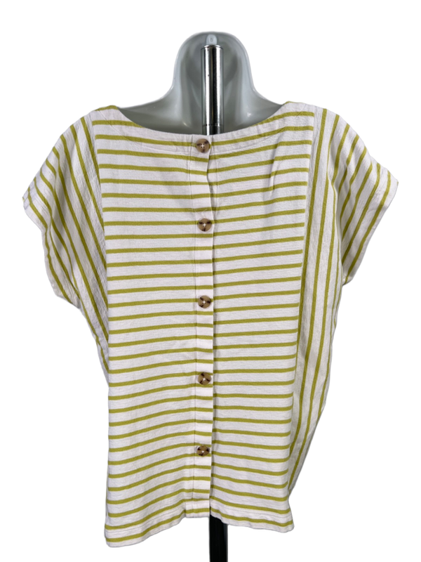 J Jill Women's White/Green Striped Button Back Short Sleeve Blouse - L image 2
