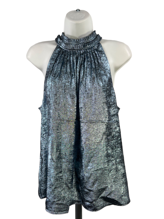 White House Black Market Women's Blue Metallic Pleated Sleeveless Blouse - 12