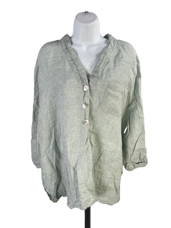 J Jill PureJill Women's Green Linen Half Button Elbow Sleeve Shirt - 2X Plus