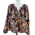 Rails Women's Blue/Green Wildflower V-Neck Long Sleeve Blouse - L