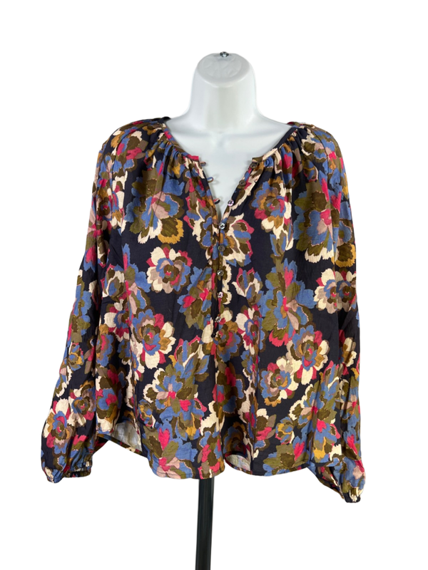 Rails Women's Blue/Green Wildflower V-Neck Long Sleeve Blouse - L