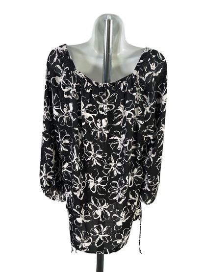 Banana Republic Women's Black/White Semi-Sheer Floral 3/4 Sleeve Blouse - L image 2