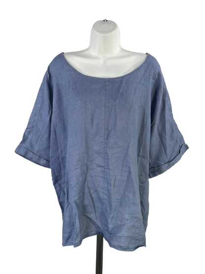 J Jill PureJill Women's Blue Linen Scoop Neck Short Cuff Sleeve Shirt - 2X Plus