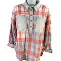 American Eagle Women's Red/Blue Plaid Long Roll Sleeve Button Up Flannel - S