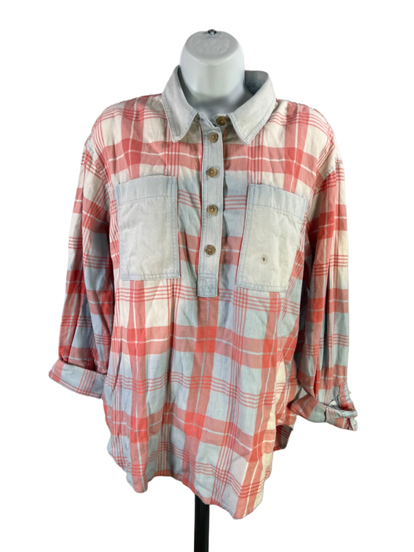 American Eagle Women's Red/Blue Plaid Long Roll Sleeve Button Up Flannel - S
