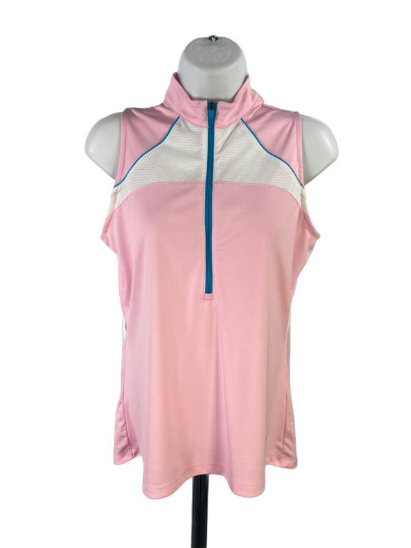 Callaway Women's Pink/White Mesh Quarter Zip Sleeveless Athletic Shirt - M
