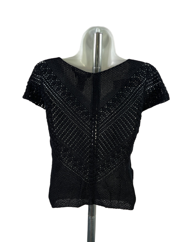 BCBGMaxazria Women's Black Silk Blend Knit Mesh Short Cap Sleeve Shirt - M image 2