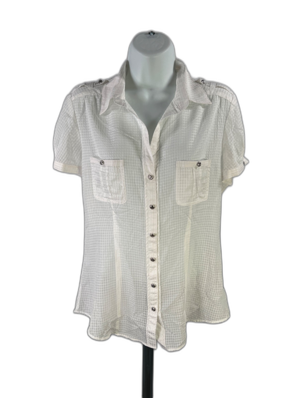 White House Black Market Women's White Checkered Semi Sheer Blouse - 8