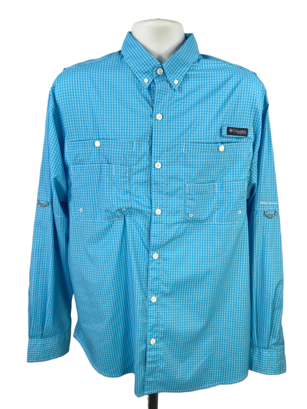 Columbia Men's Blue Checkered Long Sleeve Super Tamiami Button Up Shirt - L