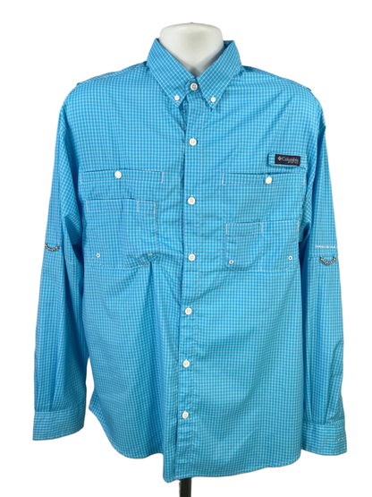 Columbia Men's Blue Checkered Long Sleeve Super Tamiami Button Up Shirt - L