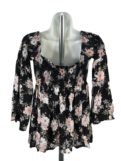 Torrid Women's Black/Pink Floral 3/4 Bell Sleeve Smocked Blouse - Plus 0 image 2