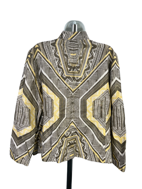 Chico's Women's Yellow Linen Blend Metallic Geometric Open Front Jacket - 2/US L image 2