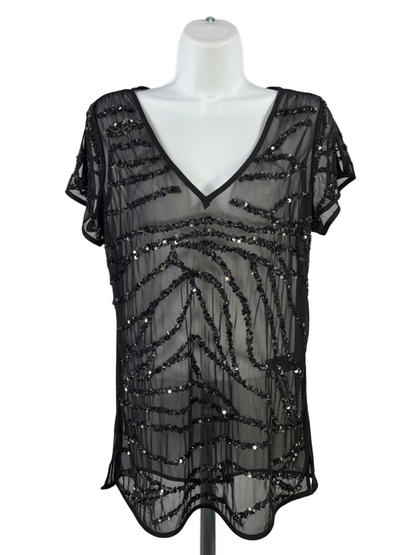 White House Black Market Women's Black Sheer Sequin Short Sleeve Blouse - S