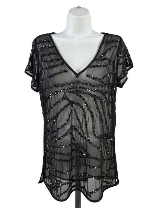 White House Black Market Women's Black Sheer Sequin Short Sleeve Blouse - S