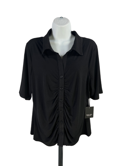 Simply Vera Women's Black Ruched Button Up Elbow Sleeve Blouse - XXL