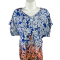 Cabi Women's Blue/Orange V Neck Tie Front Short Sleeve Blouse - S