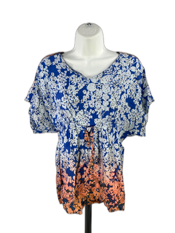 Cabi Women's Blue/Orange V Neck Tie Front Short Sleeve Blouse - S