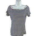 White House Black Market Women's Blue/White Striped Short Sleeve Shirt - S
