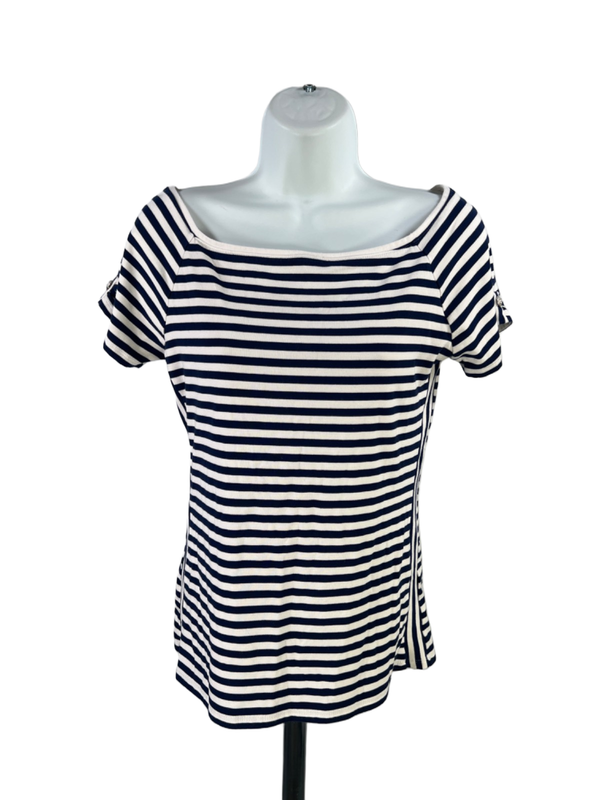 White House Black Market Women's Blue/White Striped Short Sleeve Shirt - S