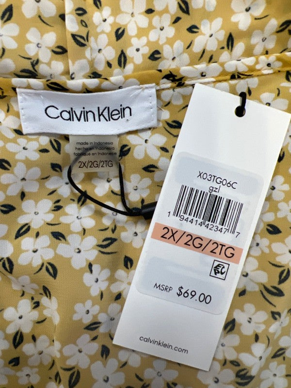 Calvin Klein Women's Yellow Floral Short Flutter Sleeve Blouse - 2X Plus image 3