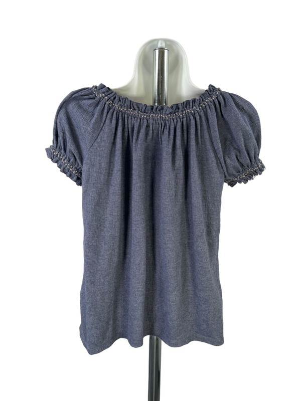 Max Studio Women's Blue Textured Scrunch Neck Short Puff Sleeve Blouse - S image 2