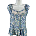 Lucky Brand Women's Blue/Green Floral Ruffle Button Up Sleeveless Blouse - S