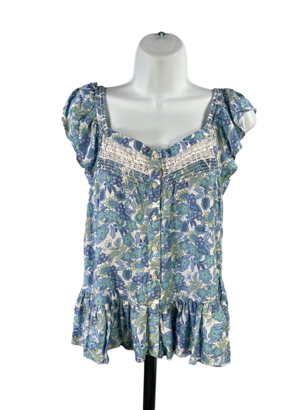 Lucky Brand Women's Blue/Green Floral Ruffle Button Up Sleeveless Blouse - S