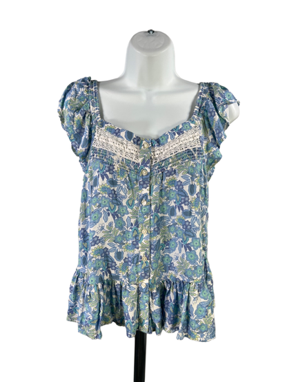 Lucky Brand Women's Blue/Green Floral Ruffle Button Up Sleeveless Blouse - S