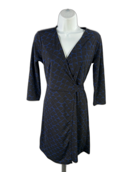 Ann Taylor Women's Black/Blue Geometric Wrap Waist Midi Dress - 2 Petite