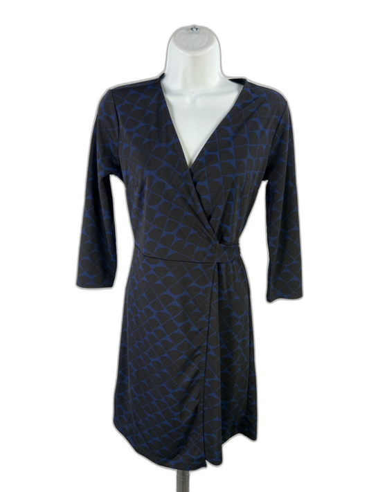 Ann Taylor Women's Black/Blue Geometric Wrap Waist Midi Dress - 2 Petite