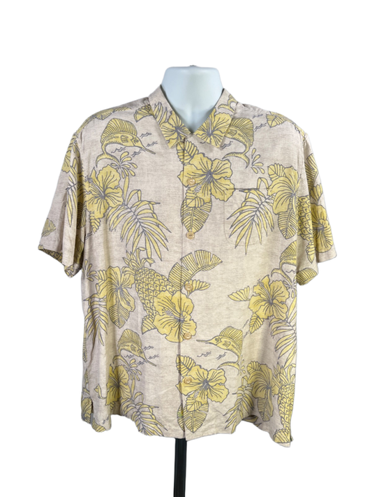 Tommy Bahama Men's Beige/Yellow Silk Island Modern Fit Button Up Shirt - XL