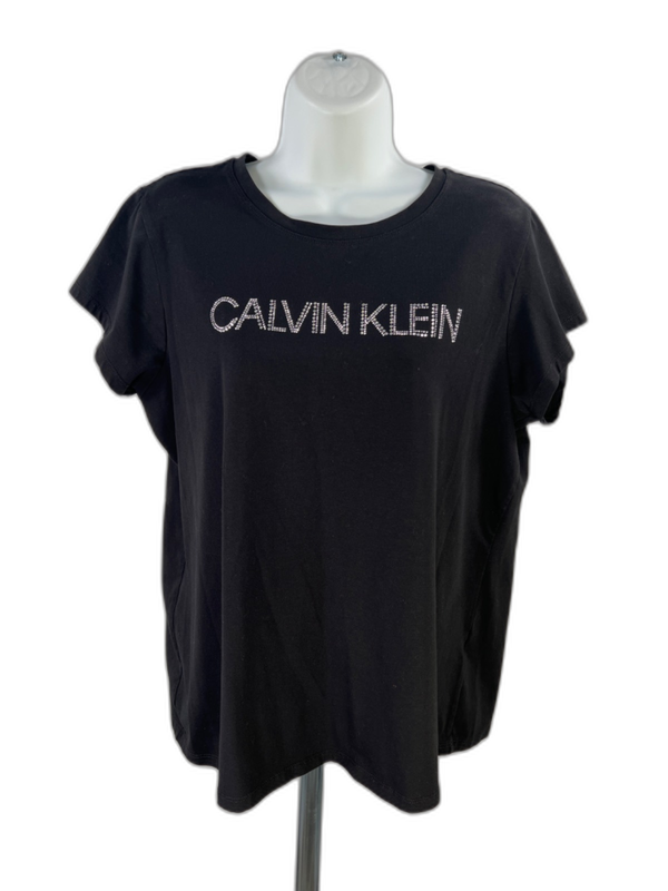 Calvin Klein Women's Black Rhinestone Front Short Sleeve T-Shirt - L