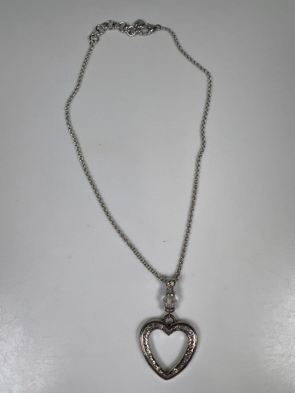 Brighton Women's Silver Pleate Heart Swarovski Pendant 8.5in Chain Necklace