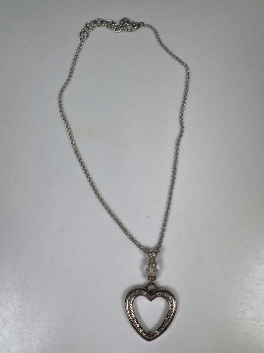 Brighton Women's Silver Pleate Heart Swarovski Pendant 8.5in Chain Necklace