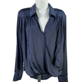White House Black Market Women's Blue Satin Front Draped Long Sleeve Blouse - L