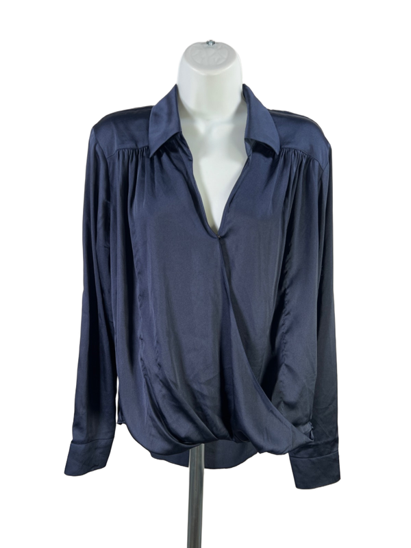 White House Black Market Women's Blue Satin Front Draped Long Sleeve Blouse - L
