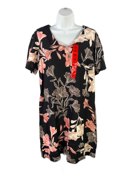 Nicole Miller Women's Black Floral Short Sleeve Shirt Dress - M