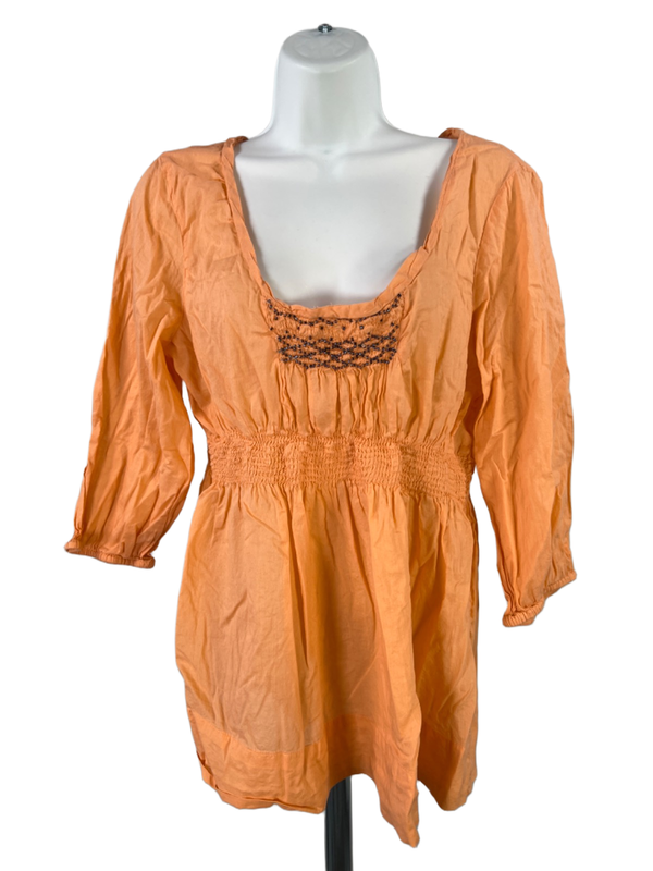 Calvin Klein Women's Orange Scoop Neck Smocked Beaded Elbow Sleeve Blouse - L