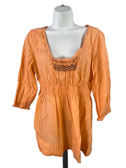 Calvin Klein Women's Orange Scoop Neck Smocked Beaded Elbow Sleeve Blouse - L