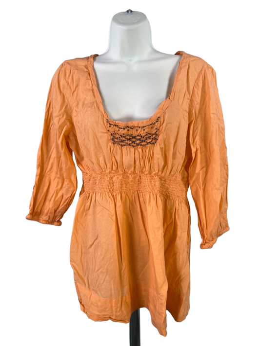 Calvin Klein Women's Orange Scoop Neck Smocked Beaded Elbow Sleeve Blouse - L
