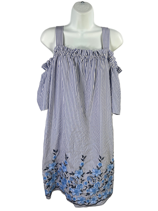 London Times Women's Blue Striped Floral Cold Shoulder Mini Dress - 12 Petite