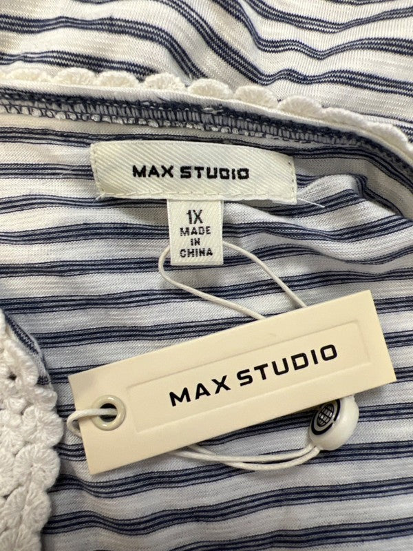 Max Studio Women's Blue/White Striped Embroidered Sleeveless Blouse - 1X Plus image 3